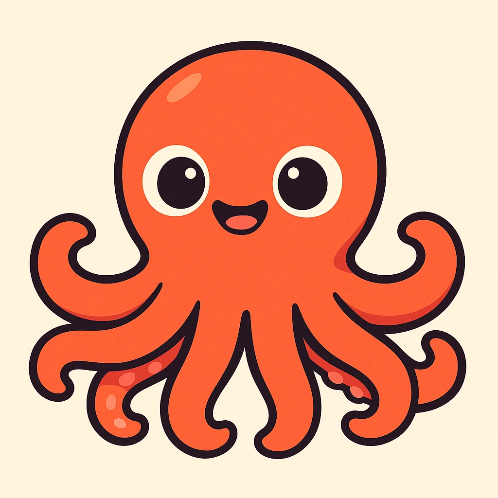 cute octopus with a mouth, large eyes, gentle expression, vibrant toon style, clean background emoji