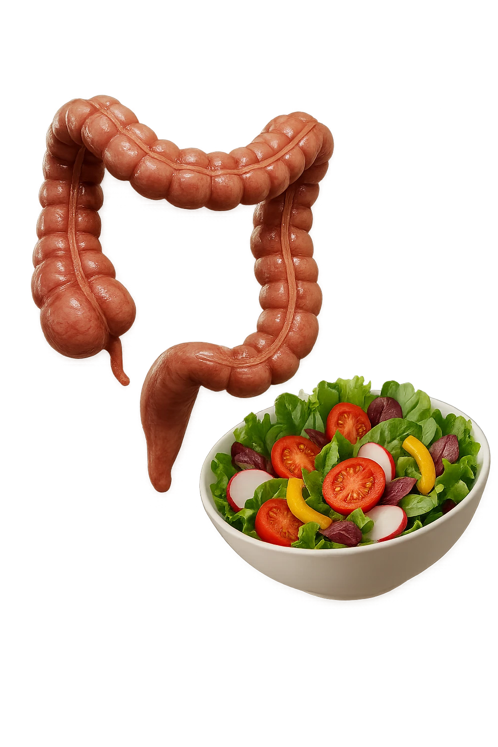 bowl di insalata fluttua in aria insieme ad intestino umano anatomico realistico, IPERREALISTICO 4K emoji