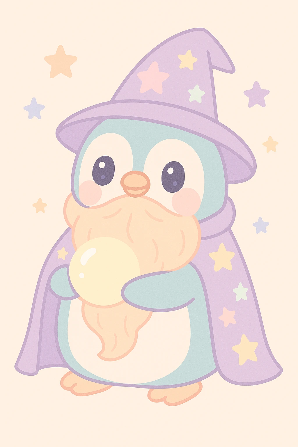 a chubby penguin wizard with a long beard, starry cloak, and a glowing orb, looking wise and mystical emoji