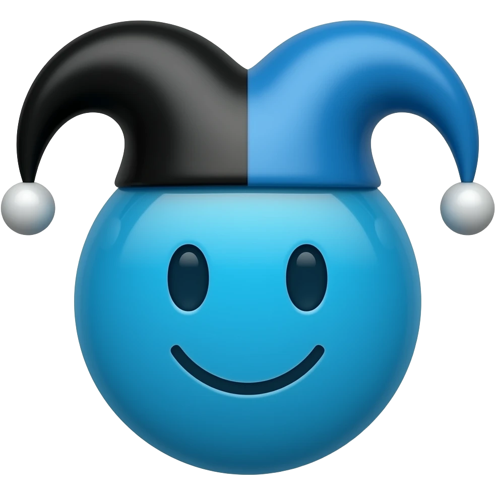 make a blue cute circle with a face with a black and blue jester hat on top of it emoji