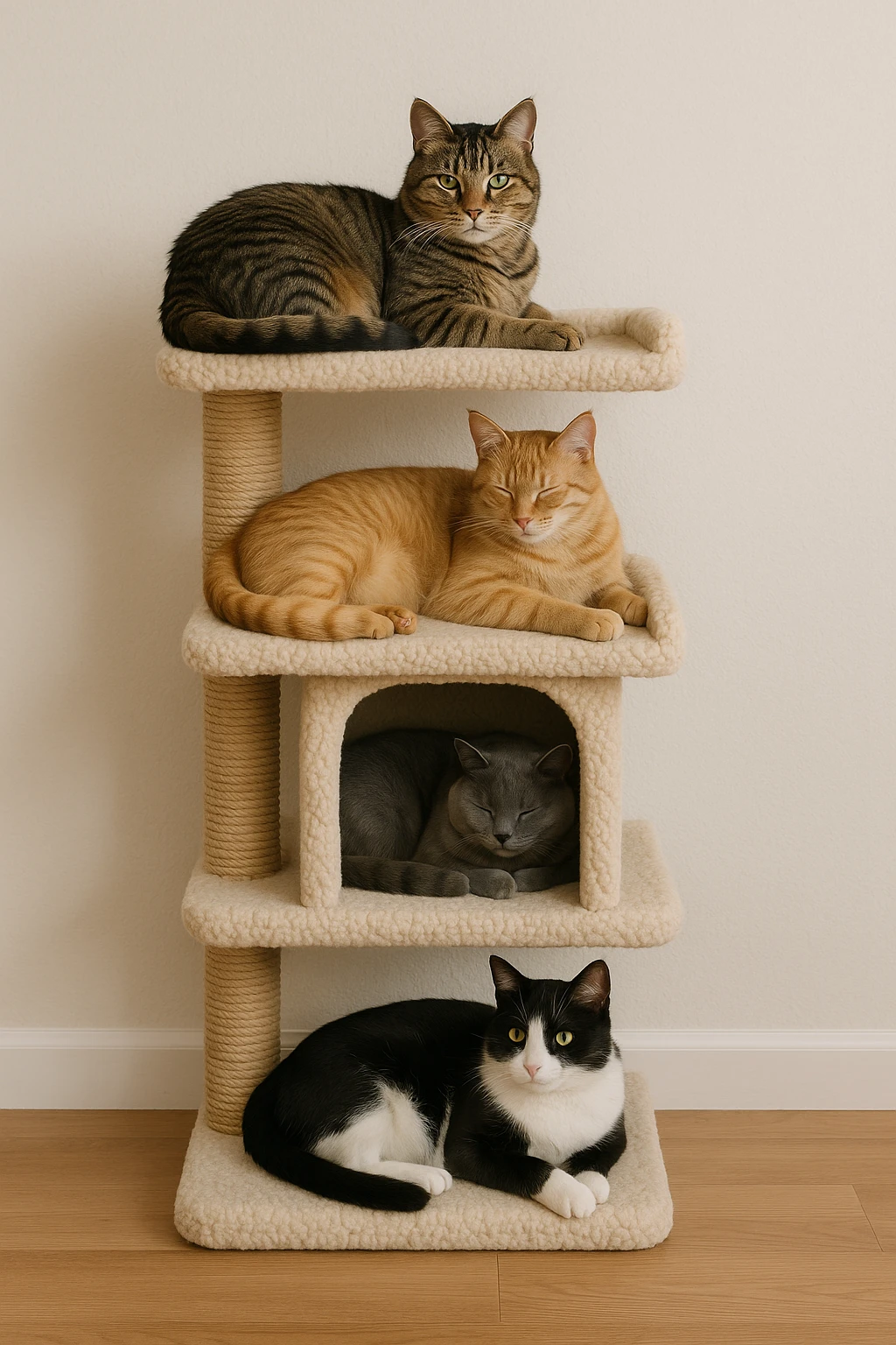 cats relaxing in a vertical playhouse emoji