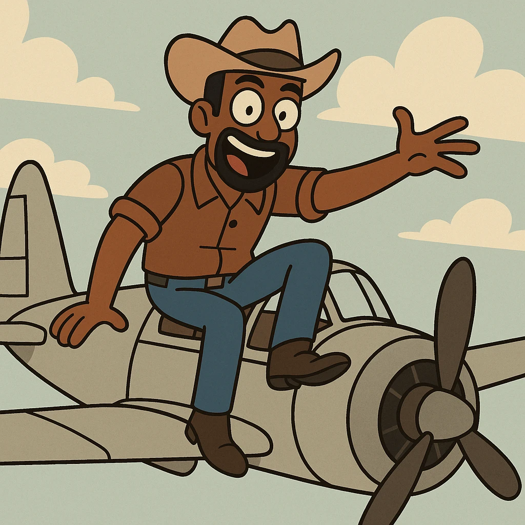 brown male wearing a hat sitting on an aircraft, cartoon style, expressive and fun emoji