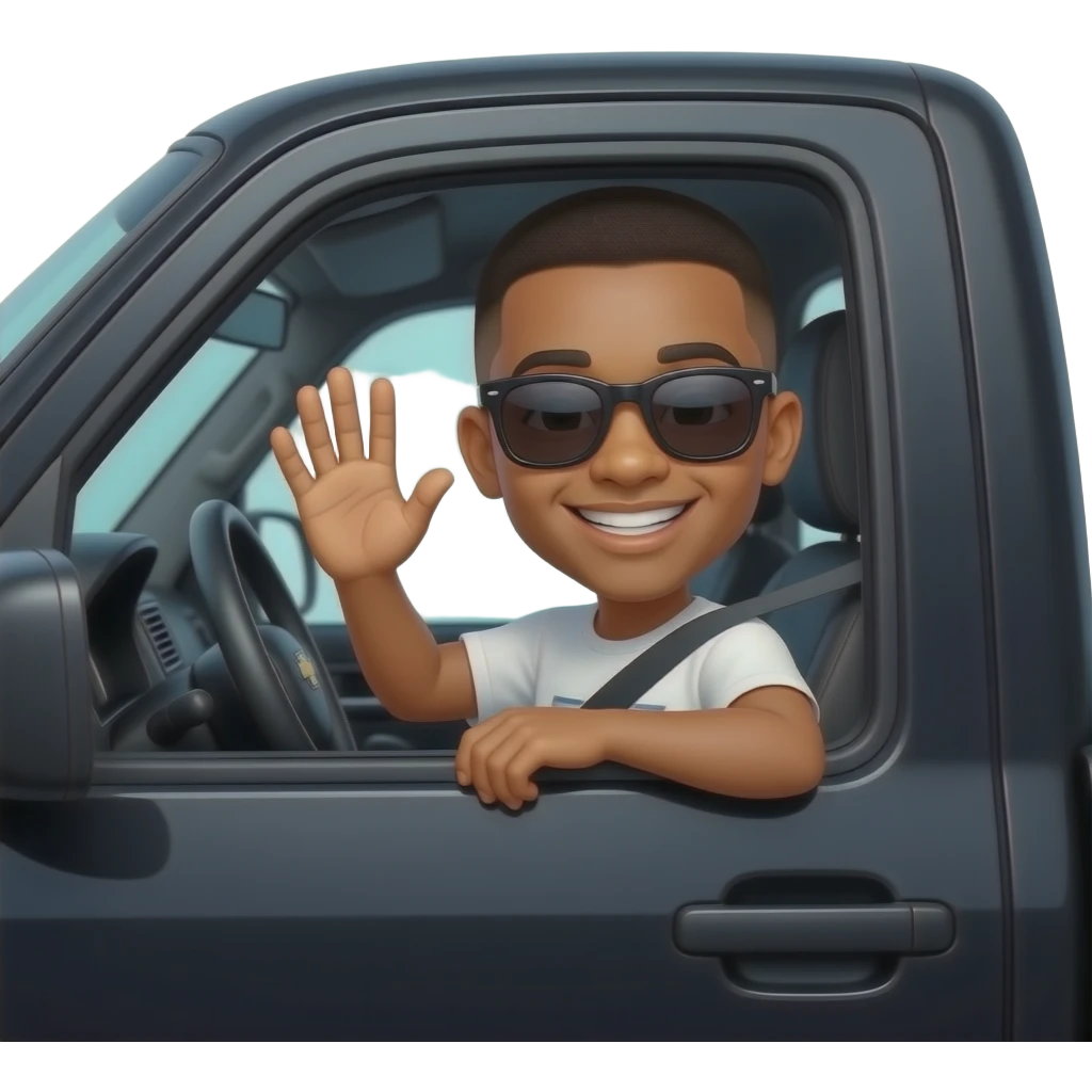 make a black skinned 20 year old with a low taper fade in a black chevy truck with rich black sunglasses on smiling and waving out the window emoji