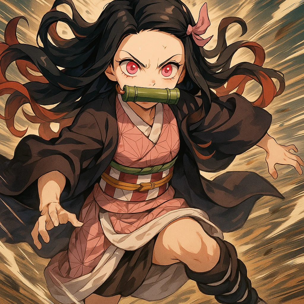 Nezuko Kamado, pink eyes, kimono, bamboo, anime style, action scene emoji
