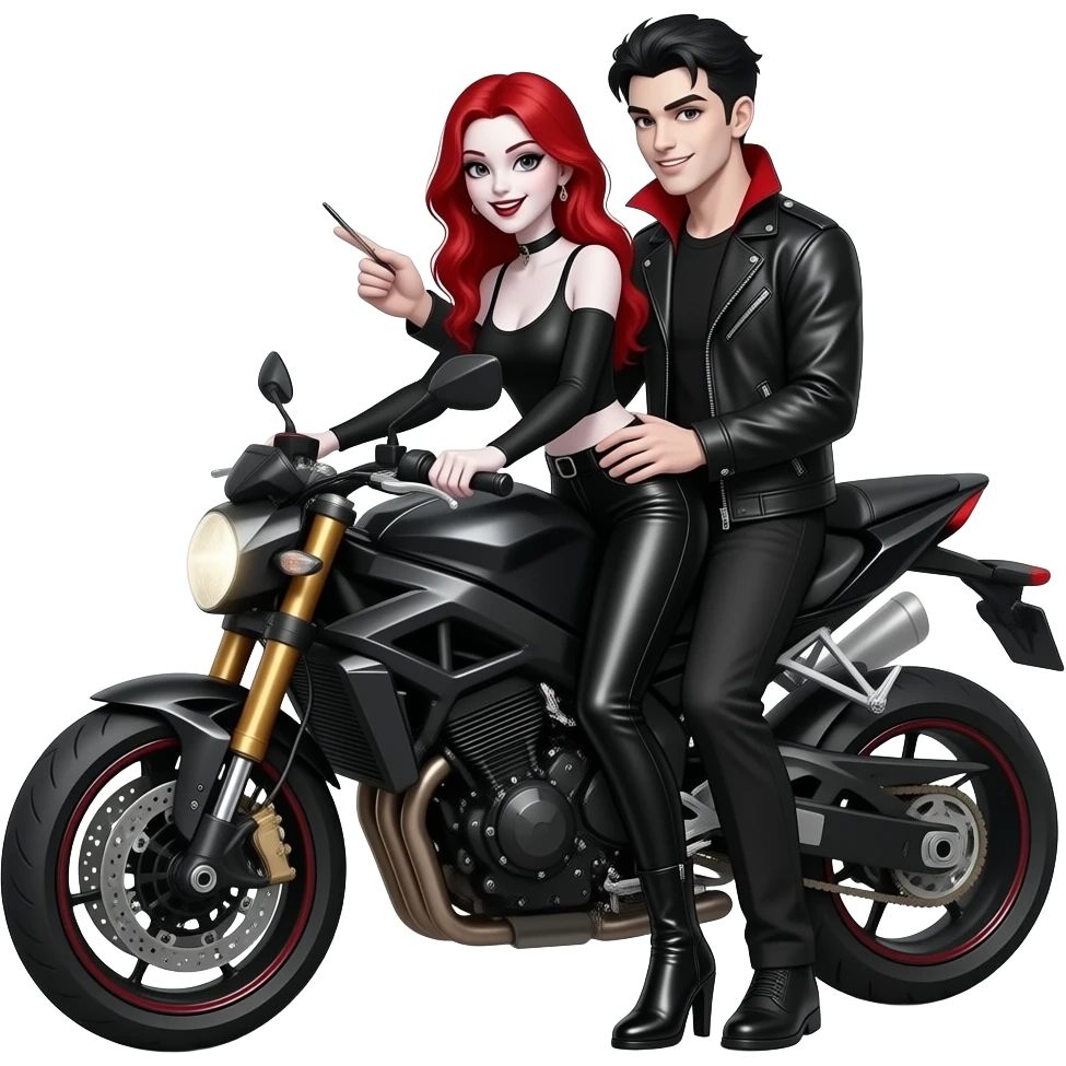 Vampiro femmina ADOLESCENTE con pelle bianca e capelli rossi indossa dei pantaloni di pelle neri e un top nero con le maniche lunghe e degli stivali lunghi con il tacco neri e il suo fidanzato VAMPIRO con la pelle bianca e i capelli neri gli sta insegnando ad andare in moto e sono felici emoji