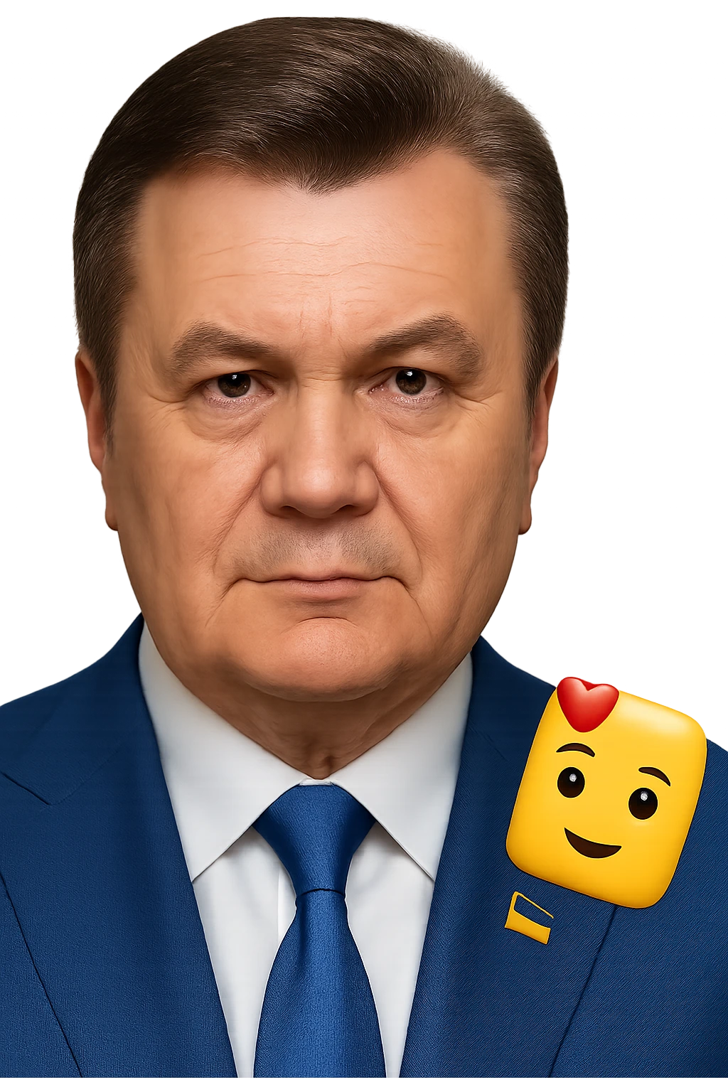 Make the face much more realistic and closely resemble Viktor Yanukovych, while keeping the iPhone emoji style, with no background. Preserve the distinctive features and colors of the iPhone emoji style but enhance realism and likeness to Viktor Yanukovych. emoji