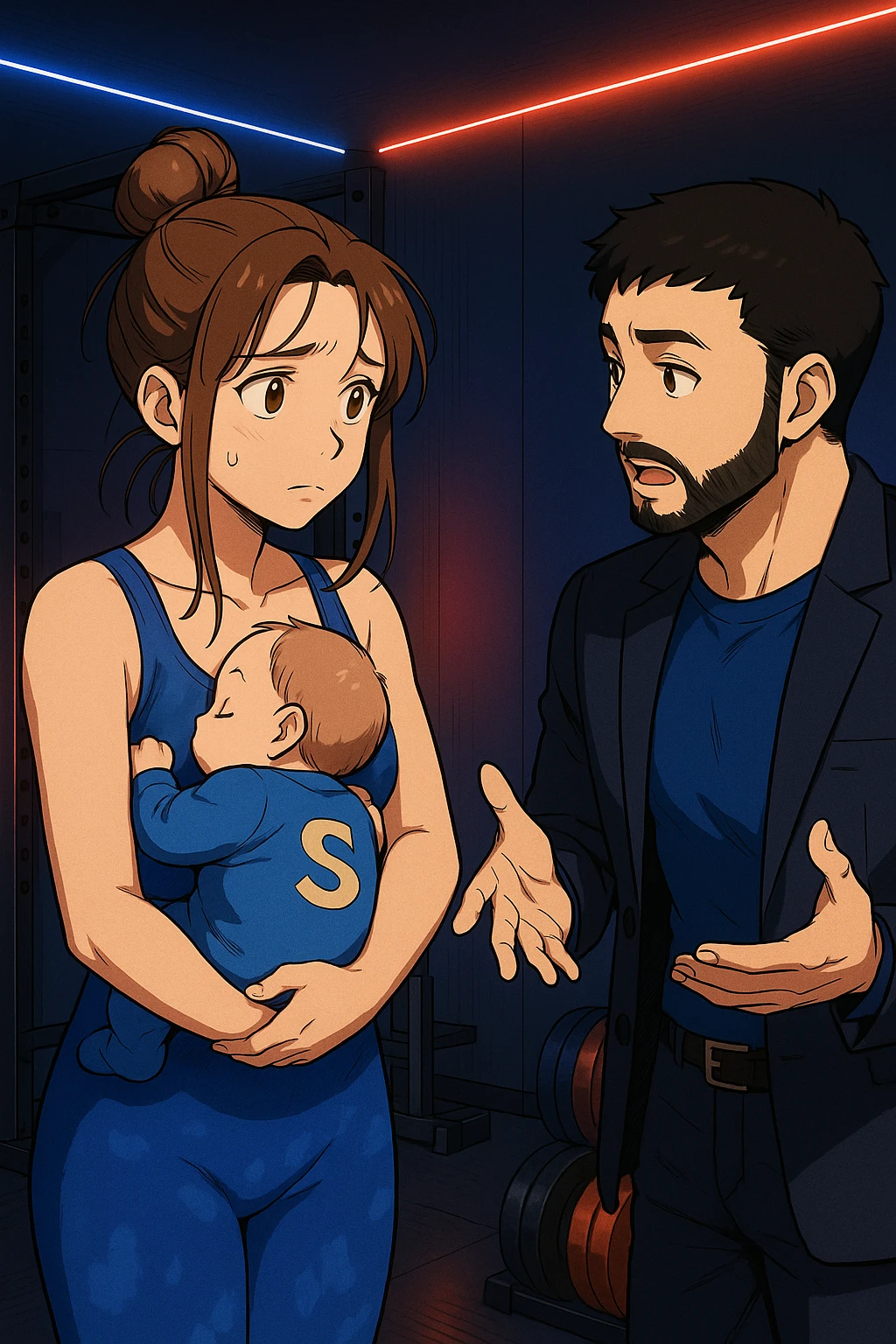 ispirati a questo stile di disegno e fai questa immagine in versione manga/webtoon a colori, il manga mostra la donna preoccupata con un neonato in braccio con una tutina azzurra e la scritta "S" sulla schiena, mentre ascolta l'uomo mentre l'uomo gli sta spiegando una cosa, ma non fare i fumetti, fai come se stessero parlando emoji