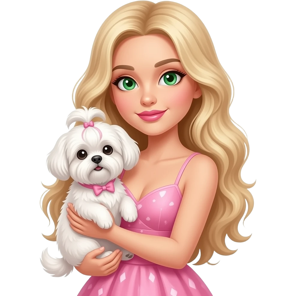 White girl, green eyes, very long wavy blonde hair, pink lips, sexy pink dress, holding her white Shih Tzu dog in her arms. emoji