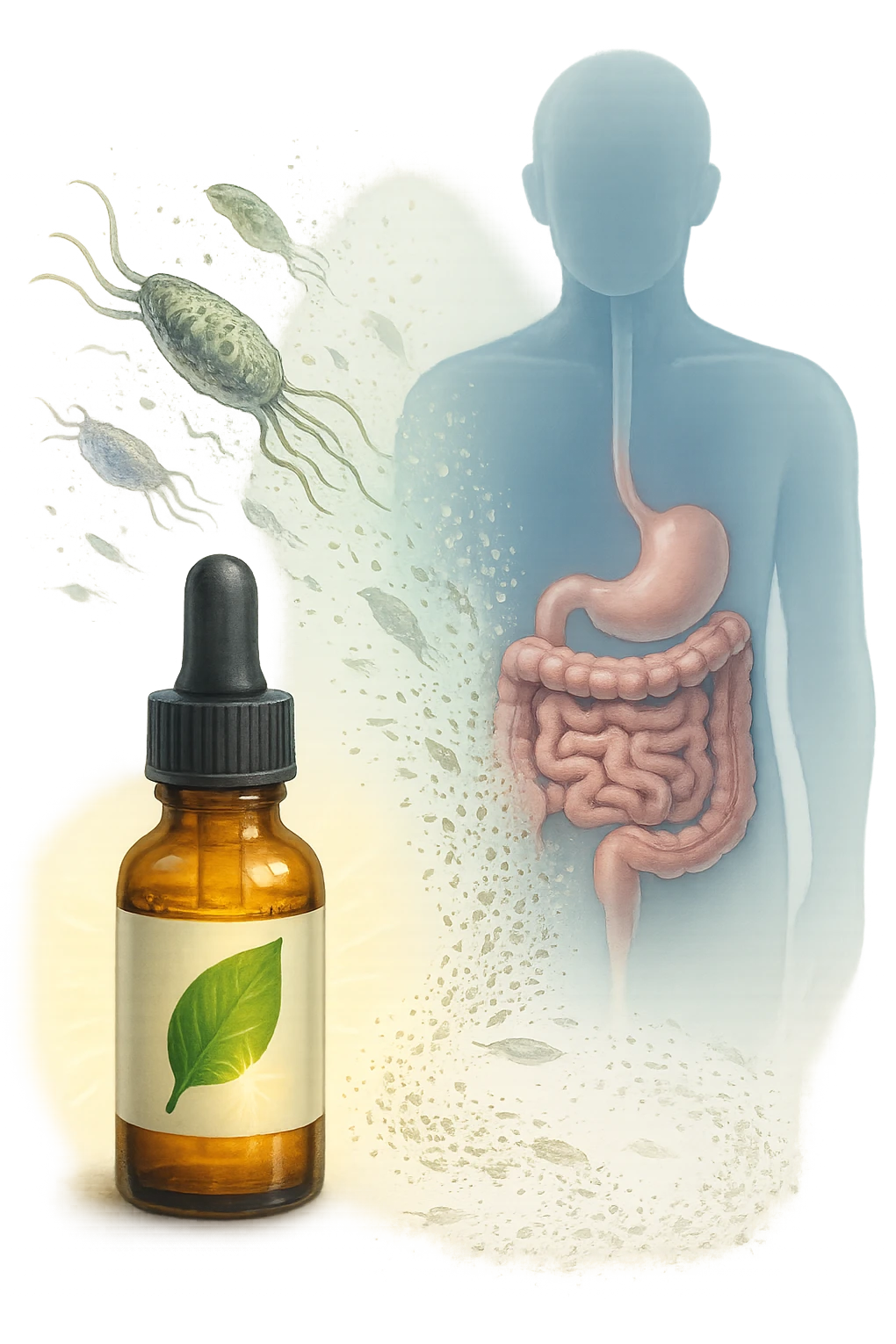 A realistic, high-quality medical illustration showing microscopic parasites leaving the human intestines, symbolically dissolving and breaking apart, after the intake of natural kinesiological drops. The drops are shown in a small amber glass dropper bottle in the foreground with a green leaf on the label, emitting a subtle glow symbolizing detox and cleansing. The background depicts a semi-transparent human silhouette with a highlighted digestive tract, showing clean, healthy intestines, while parasites in translucent fading colors are moving out, symbolizing elimination. The atmosphere is clean, fresh, and conveys a sense of natural healing, detoxification, and hope. emoji
