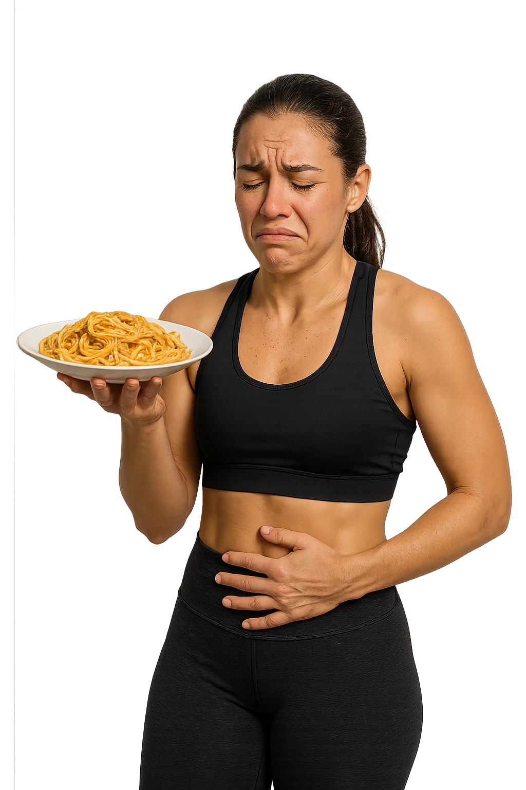DONNA FITNESS CON PIATTO DI PASTA IN MANO E MAL DI PANCIA, FA FATICA A DIGERIRE emoji