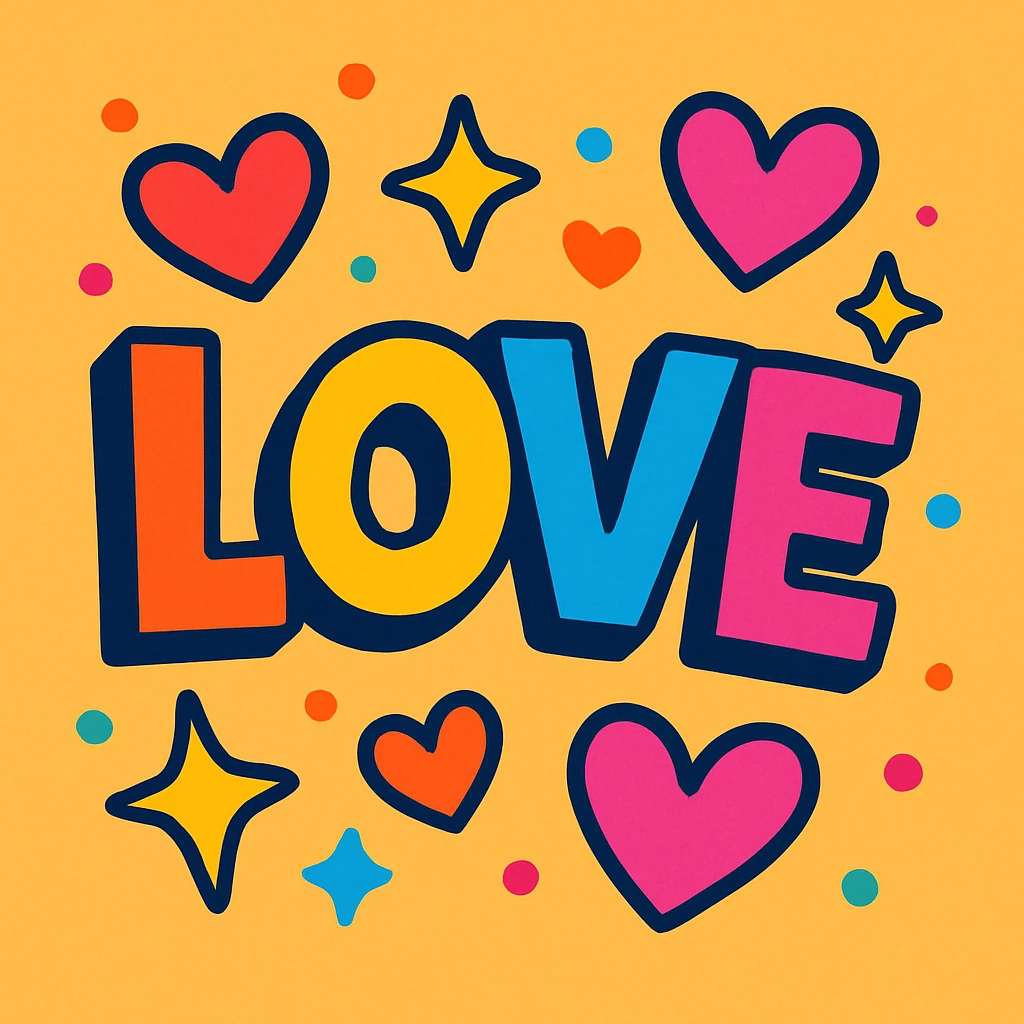 the word 'love' in a playful, colorful cartoon style, with hearts and sparkles emoji