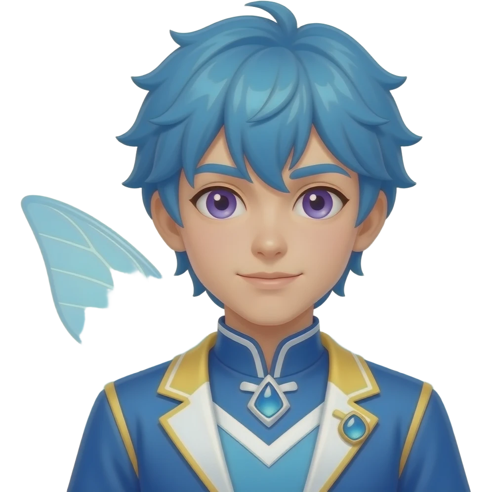 A male water fairy with blue hair violet eyes and wearing a blue outfit with white and cream yellow accents. emoji