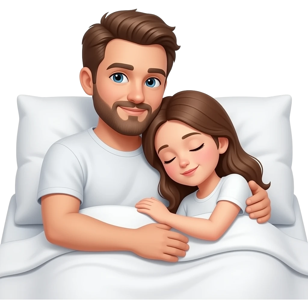 Realistic white man brown hair with beard hugging while sleeping in bed with white girl brown hair emoji