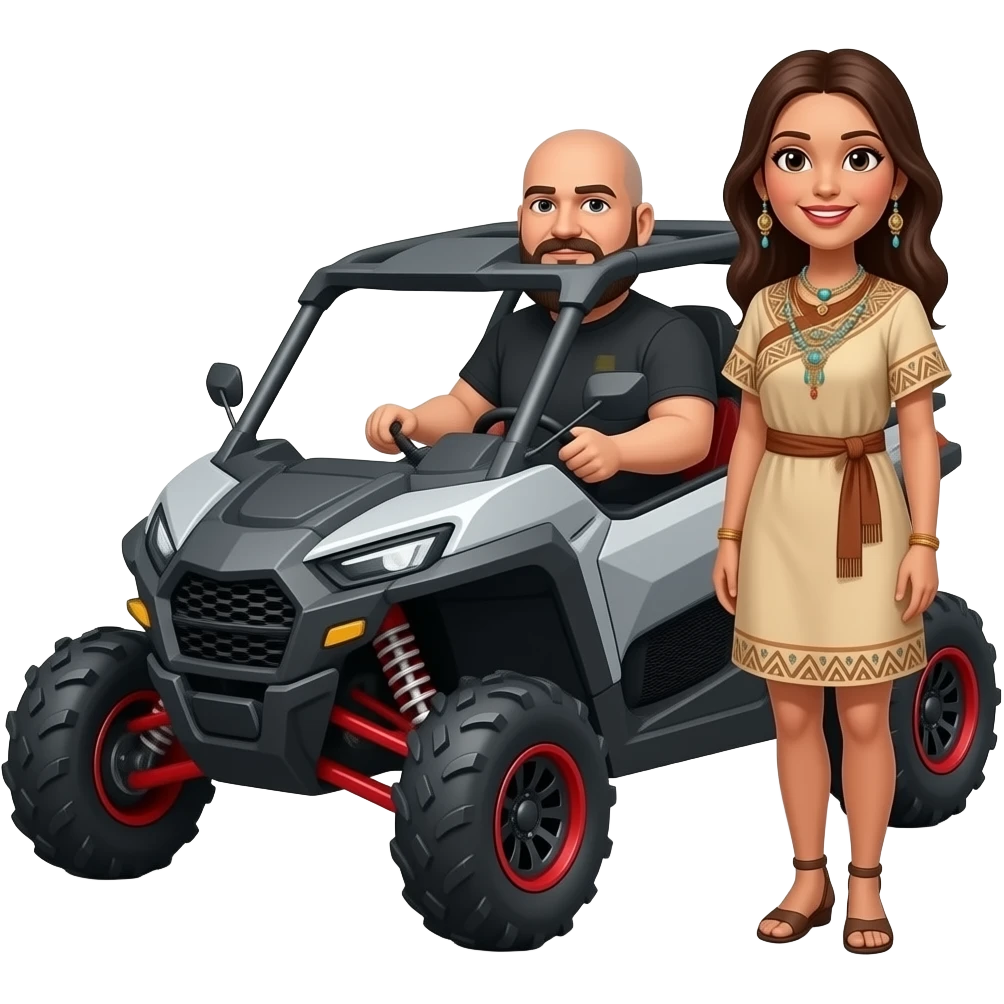 Sxs Grey and red can am maverick racing sxs with husband driving (he’s fat bald with really big beard)and wife that is Indian with brown hair emoji