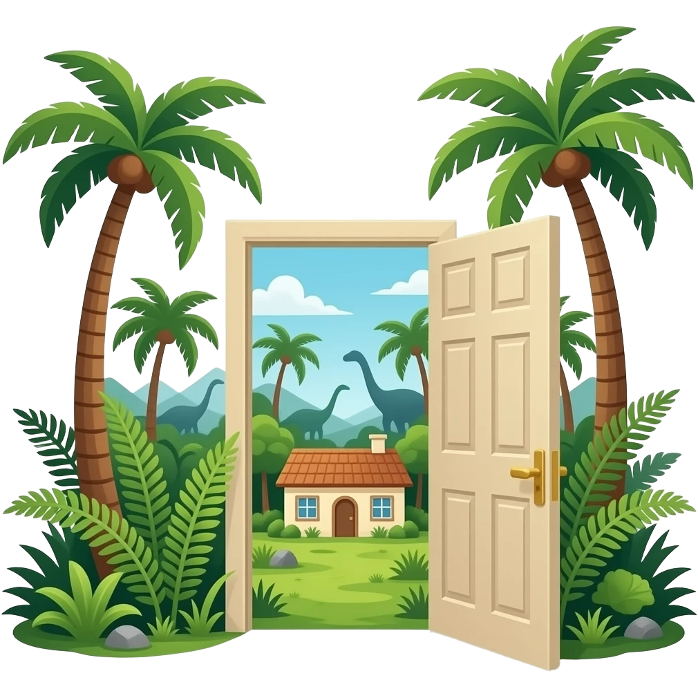 one door to another world. (The door is in the Jurassic period.)Through the portal, you can see a house.sin la planta emoji
