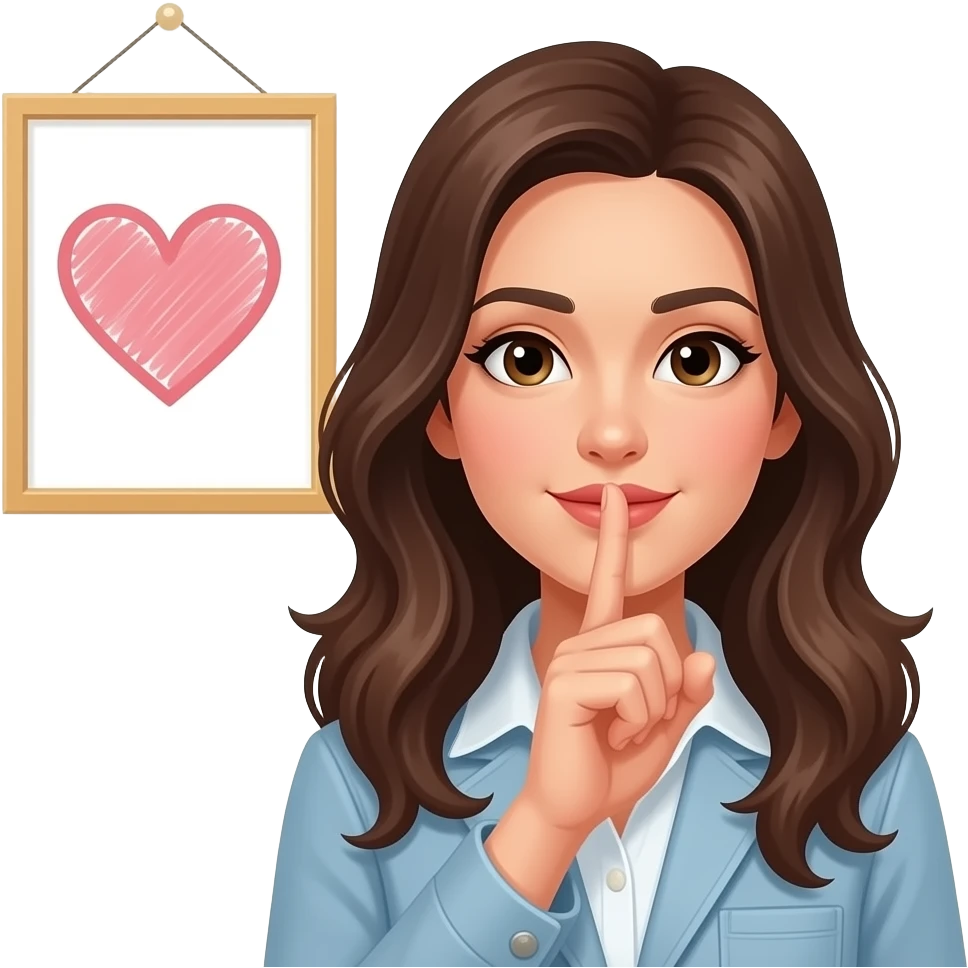 mujer dedo indice silencio y un dibujo sin cuadro de corazon emoji