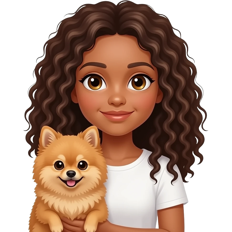 A girl with curly hair wearing a white top holding a brown Spitz dog the girl's eyes hazel emoji