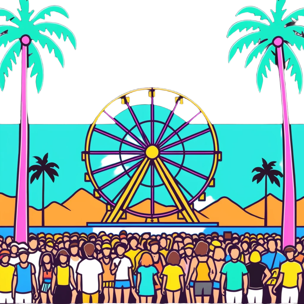 crowd at Coachella music festival with ferris wheel and palm trees emoji