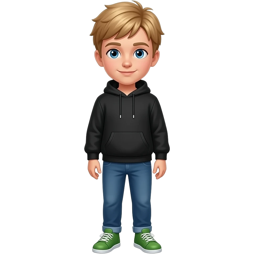 boy 12 year old blue eyes black sweat set green shoes blonde hair short emoji