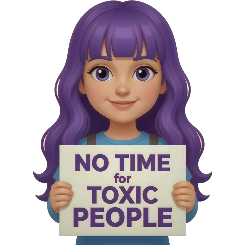 girl with long purple hair holding a NO TIME for TOXIC PEOPLE sign emoji