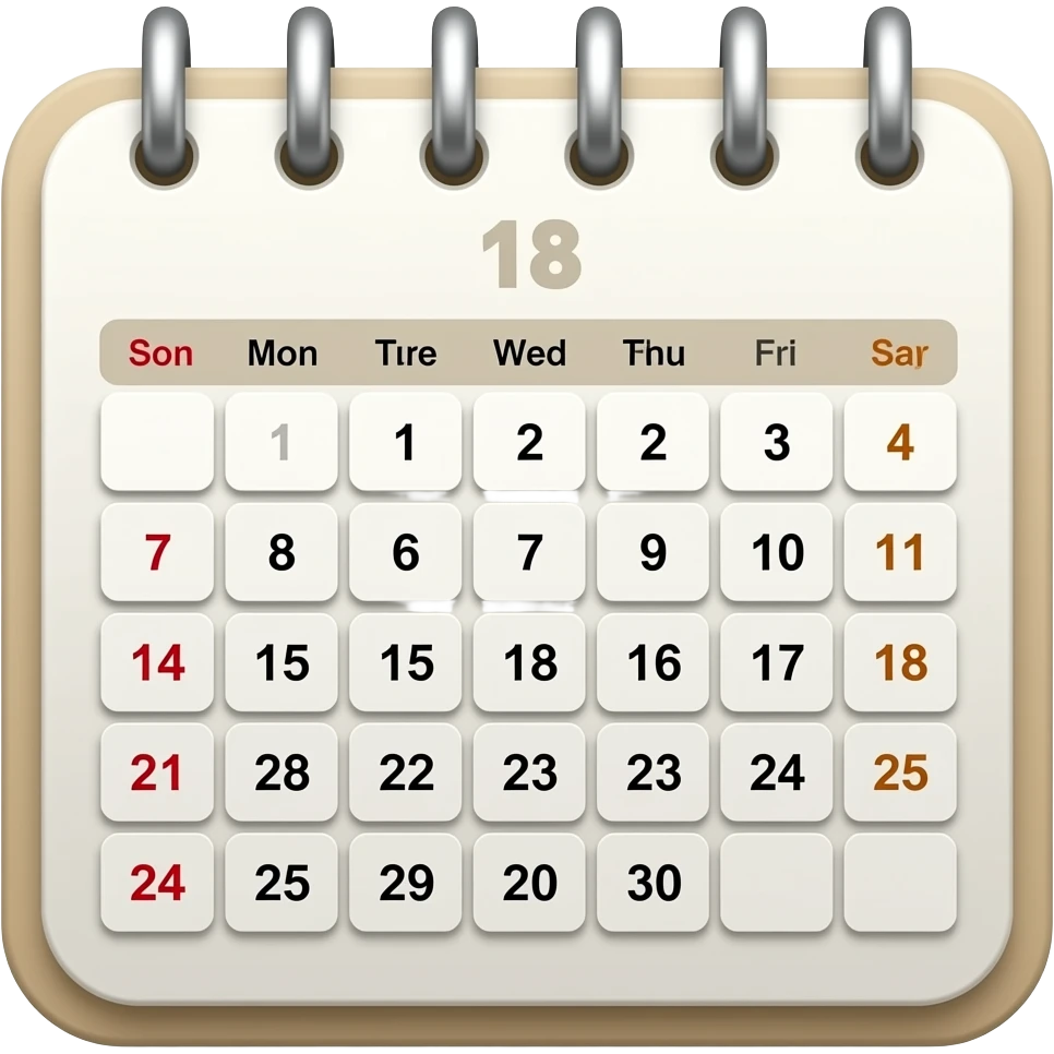 Apple-style cute calendar emoji, full month grid, all days visible, top binding rings, light beige and white tones, minimal, soft shadows, rounded, elegant, glossy emoji
