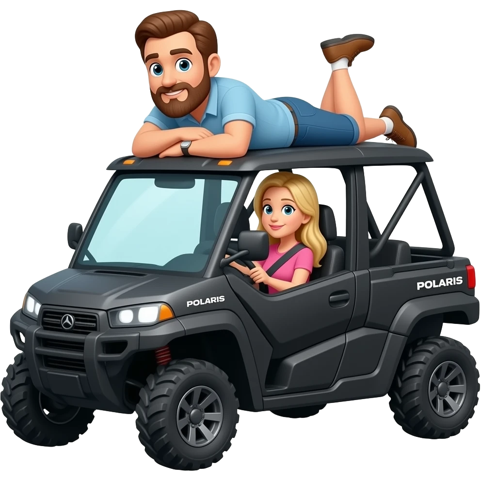 Black 4 door sxs Polaris ranger atv  dad with beard laying on top being silly and blonde long hair mom driving emoji