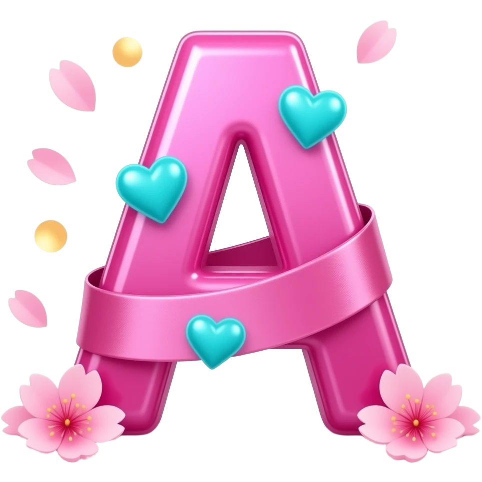 A sleek, hot pink letter 'A' adorned with satin ribbons and glowing neon-blue hearts. Surrounded by floating cherry blossom petals and golden bokeh. Vibrant, modern, and feminine with a cinematic glow emoji
