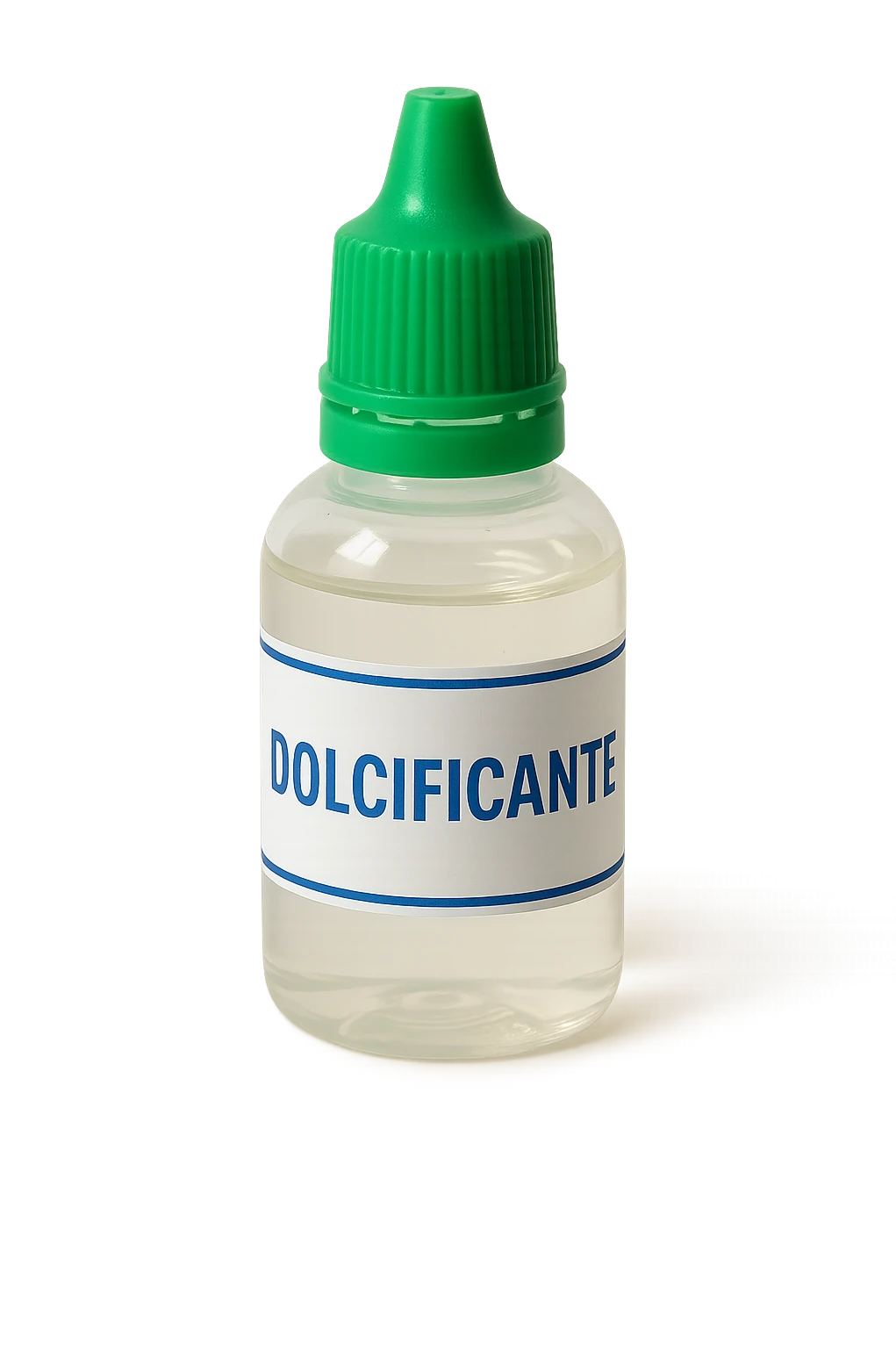 boccetta di dolcificante LIQUIDO COME IL DIETETIC con la scritta "DOLCIFICANTE" SULL'ETICHETTA, ISOLATA SU SFONDO BIANCO emoji