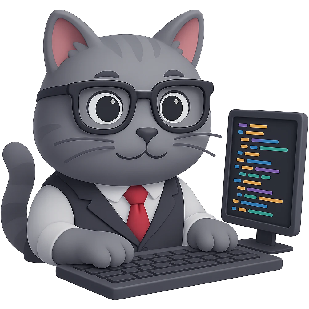 Change the cat to a gray cat, keep the IT theme, wearing glasses, coding on a computer, playful style, no background (transparent). emoji