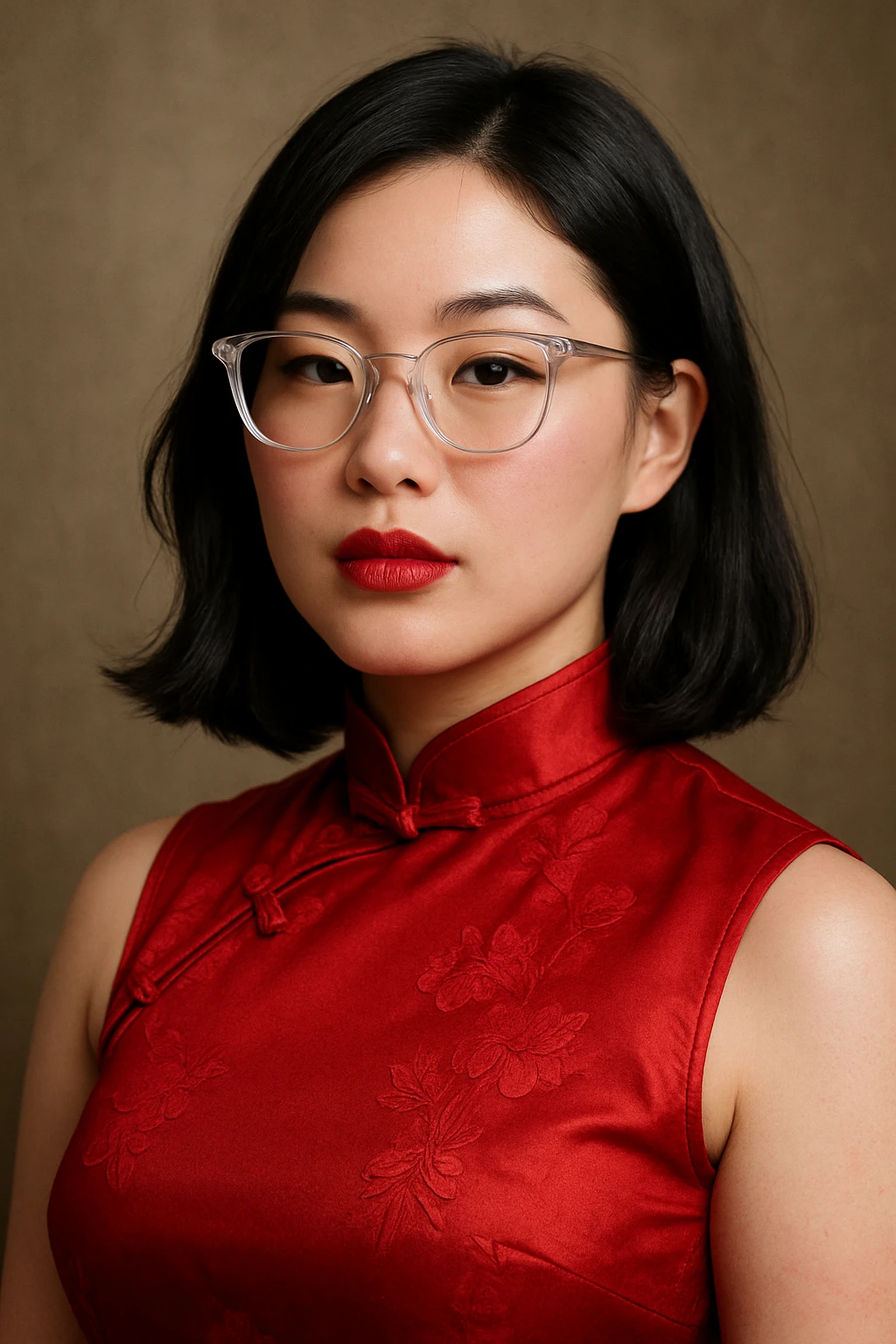 an oriental lady with fair, slightly pink skin, wearing a red cheongsam, red lipstick, winged eyeliner, small nose, slightly thick sensual lips, medium build, transparent white glasses, mid-length black hair emoji