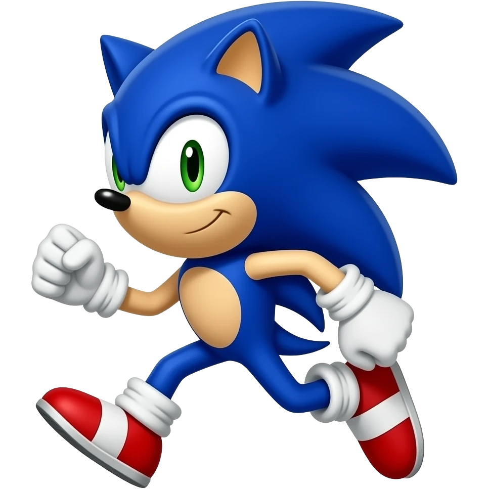 Blue speed hedgehog with oversized green eyes, white gloves and red running shoes, side profile emoji illustration emoji