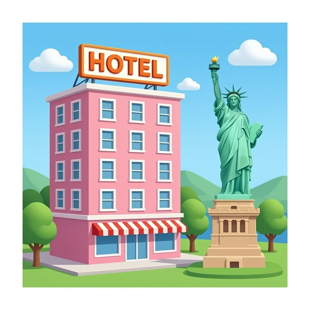 Pink HOTEL Building SignBoard HOTEL in New York  Statue of Liberty emoji