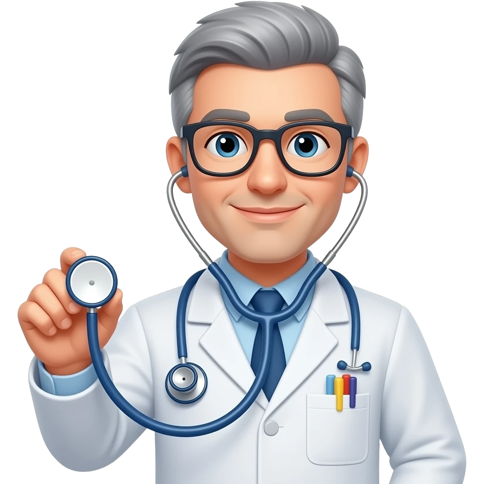 male doctor grey hair glasses holding stethoscope in left hand emoji