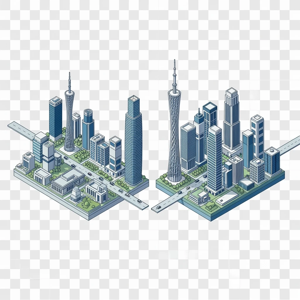 Isometric minimalistic illustration of Guangzhou and Shenzhen, subtle 3D miniature effect and Tilt Shift effect, no cartoonish look, transparent background. emoji