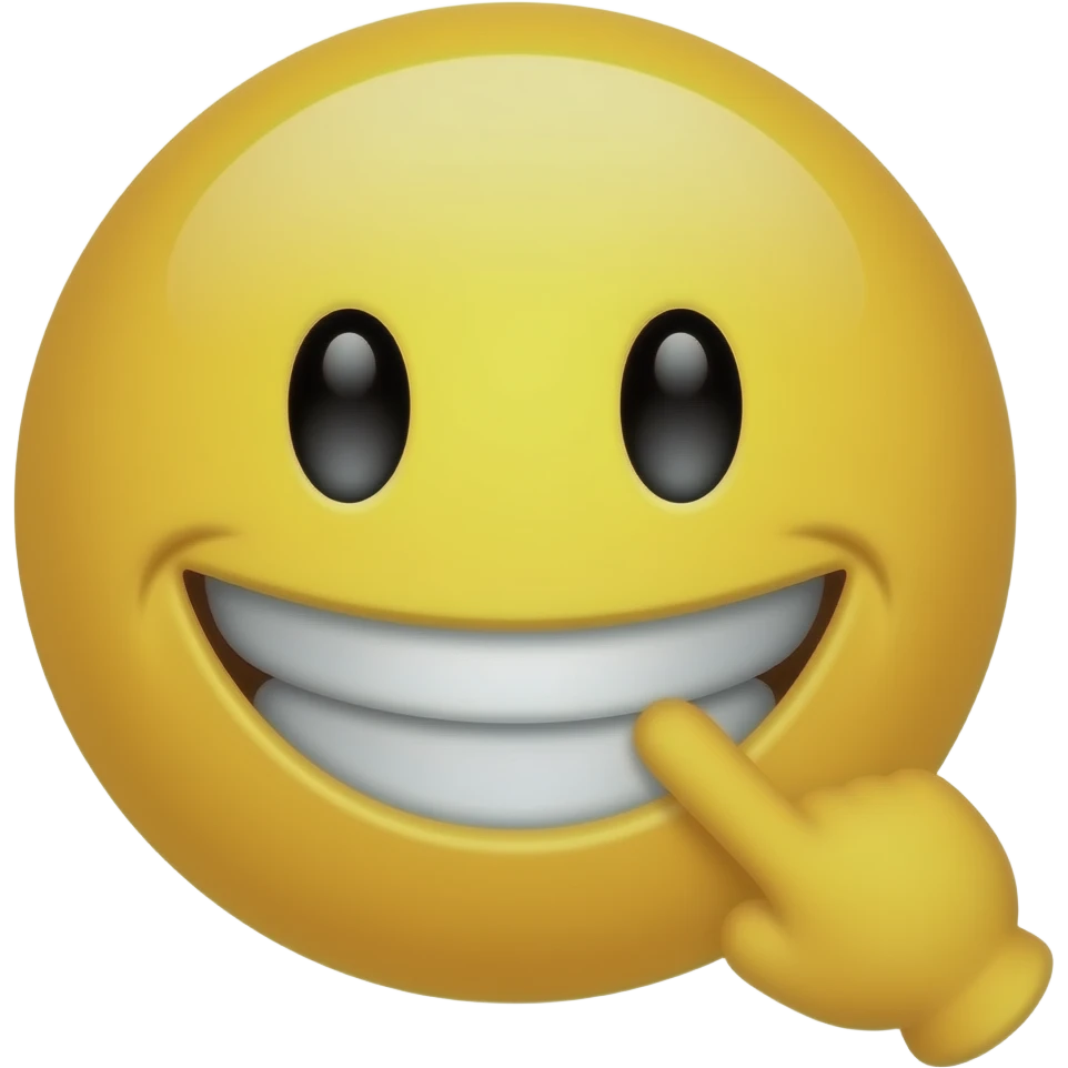 A smug yellow face smiling grinning cheeky with finger in mouth emoji