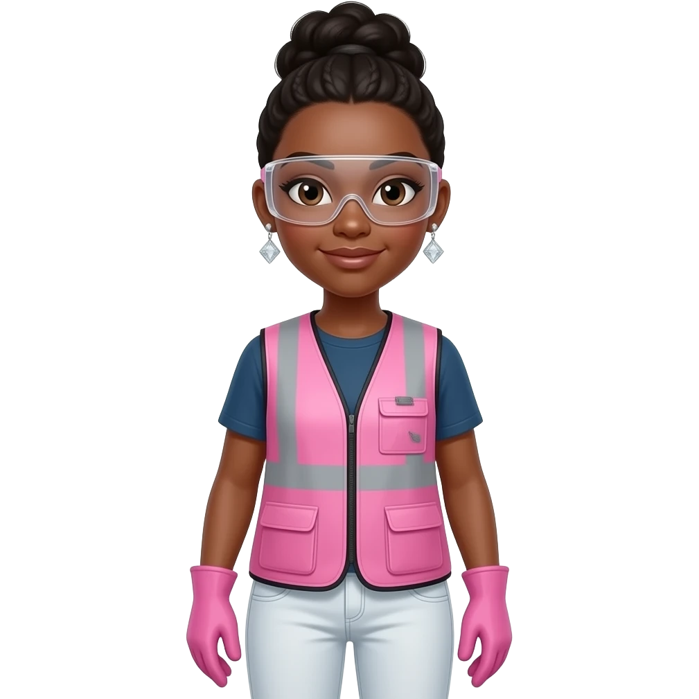 African American woman with brown eyes with black fro bun ponytil wearing diamond earrings wearing pink and clear safety glasses wearing a pink construction vest wearing white pans wearing pink construction vest wearing white pants wearing pink construction gloves emoji