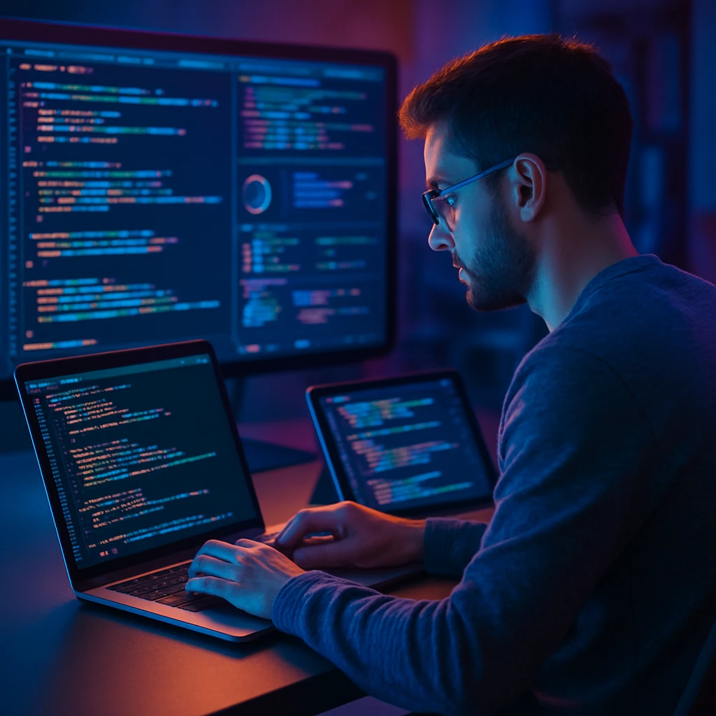 A software engineer with a laptop open and a tablet beside, writing code, digital screens glowing, innovative atmosphere. emoji