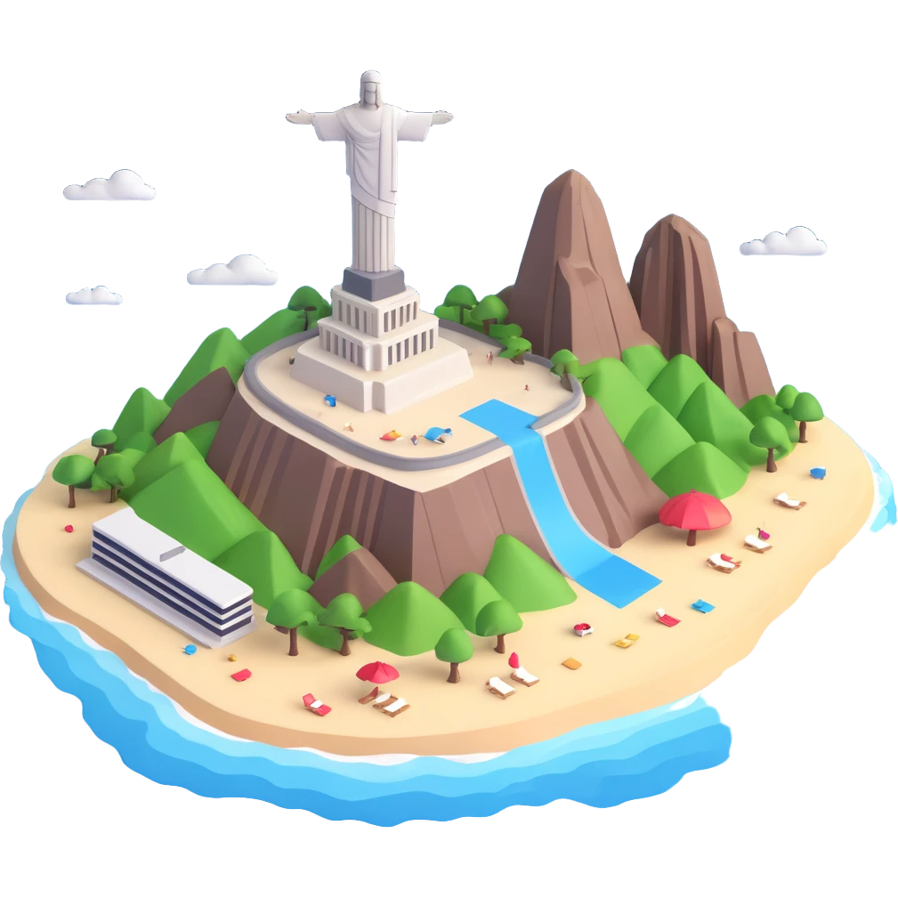 Make the Rio de Janeiro emoji much more realistic and 3D, with lifelike detail and depth, keeping the majestic vista of the skyscraper-lined beach, the mountain, and the Christ the Redeemer statue, accurate colors, and a fully transparent background. Do not add a sky background. emoji