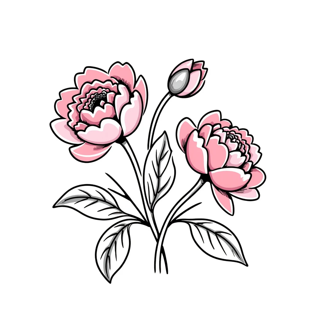 peony flowers with lush petals and leaves in pastel colors dd9fb0 ffc6d3 a3bfc9 c4bee2 f1b091, hand-drawn doodle style emoji
