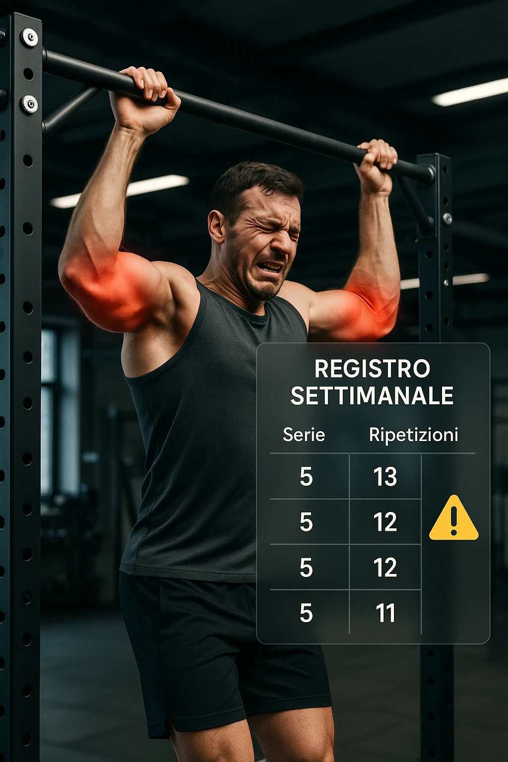 a man in gym attire performs pull-ups on a bar, with his elbows highlighted in bright red to indicate inflammation. A digital overlay shows a weekly training log with high numbers of sets and reps, and a warning icon appears next to the log. The man’s face shows pain and fatigue. The background is a modern gym, emphasizing the link between excessive training volume and injury. scritto in italiano emoji