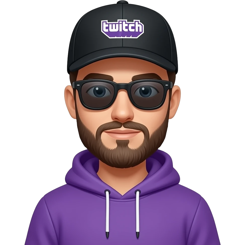 tall skinny guy with black basecap with white twitch logo, circle-beard, purple hoodie, sunglasses emoji