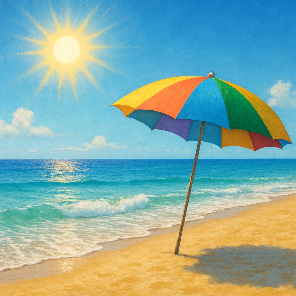 Beach weather with sun, waves, and a beach umbrella. emoji