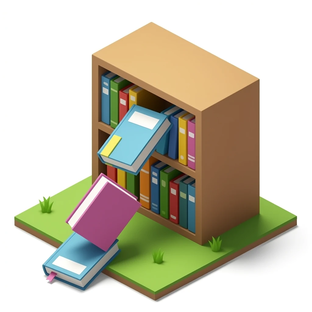 close up cube library shelf isometric view with some books tilted out and falling out, one book on the ground emoji