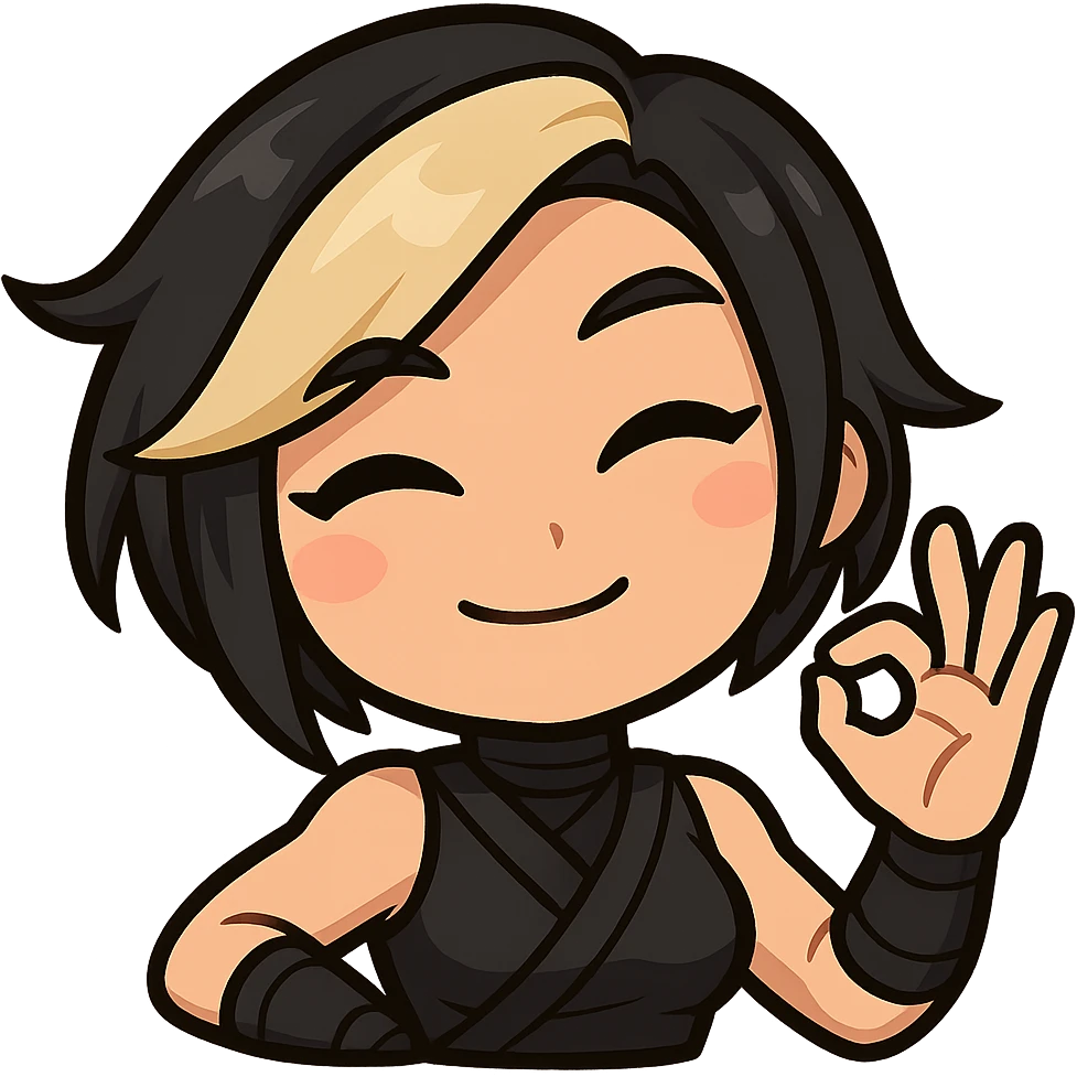 Sexy chibi ninja girl with black short hair and a blonde streak, only head and arms, making an OK sign with her hand, bold outlines, no mask, sized for Twitch emoji use, transparent background. emoji