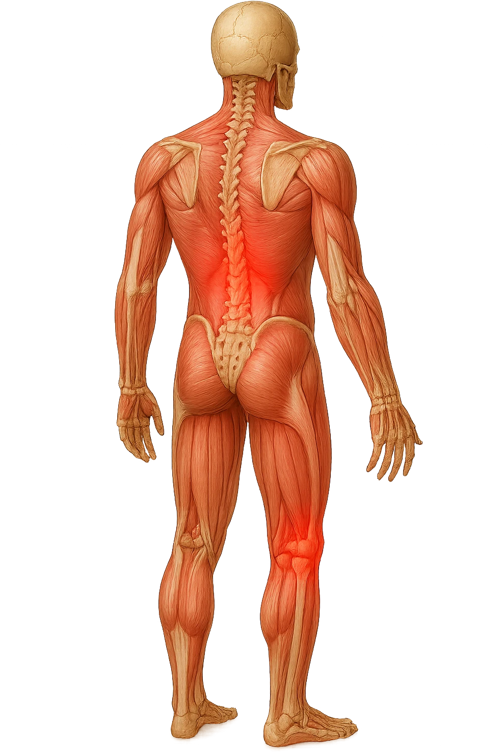corpo umano anatomico con mal di schiena e al ginocchio, iperrealiùstico 4k emoji