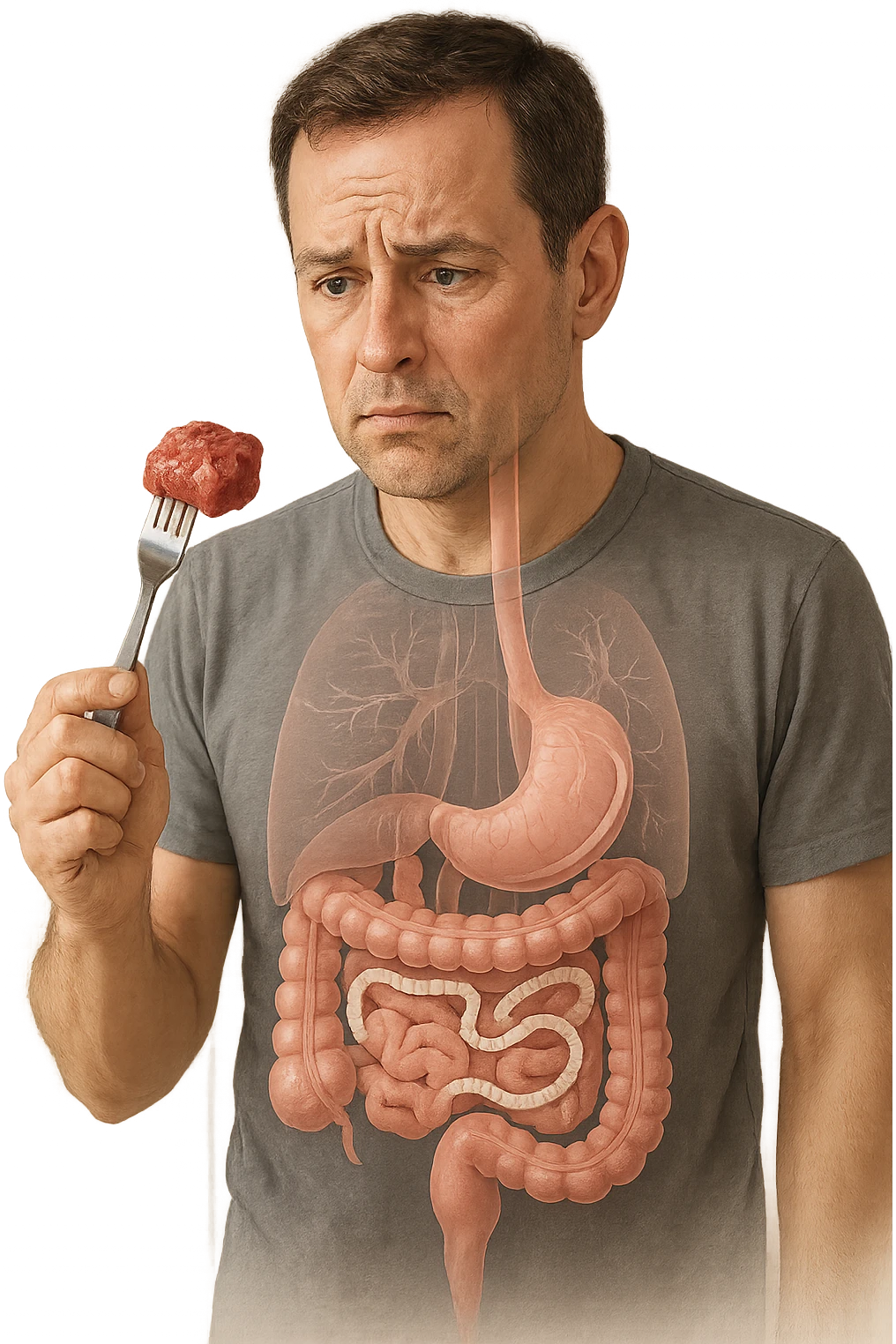 A realistic, high-quality medical illustration showing a concerned man in his early 40s holding a piece of raw beef tartare on a fork, looking at it with a worried expression. Behind him, a transparent overlay of his digestive system reveals the presence of Taenia saginata (beef tapeworm), depicted as a long, segmented white worm inside his intestines, symbolizing the infection. The environment is a kitchen with bright but neutral lighting, creating a serious educational tone. Subtle anatomical highlights and clean medical graphics convey the concept of parasite transmission through undercooked beef, emphasizing food safety and health awareness. emoji