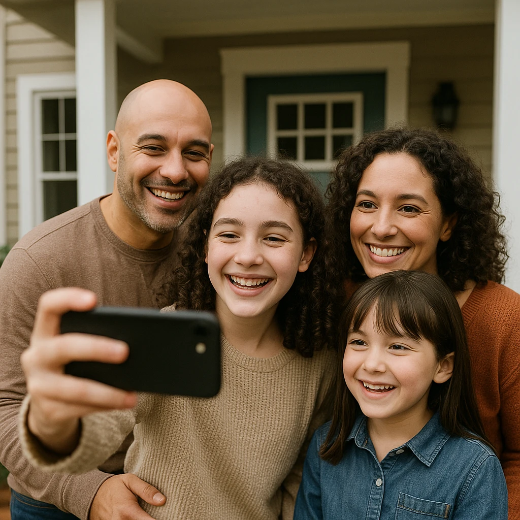 A family of four posing for a selfie in front of their home: dad is bald with medium light skin, mom and older daughter have curly hair and pale skin, younger daughter has straight hair and medium light skin. The older daughter is holding the phone, sisters look amused, parents smile. emoji