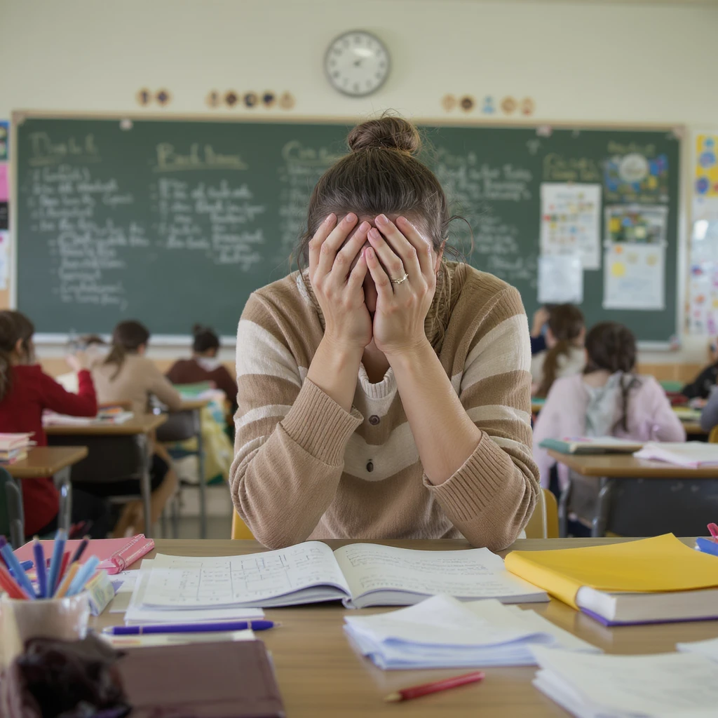 exhausted teacher in a bustling classroom emoji