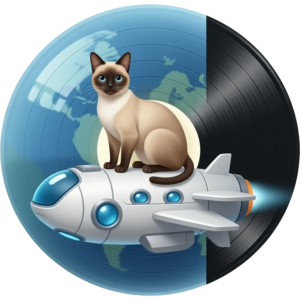 A Siamese cat over Big vinyl  over a spaceship emoji