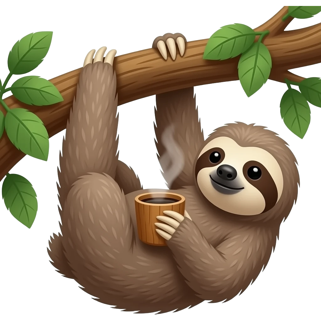 hanging sloth on big jungle tree branch drink coffee wooden cup hanging emoji